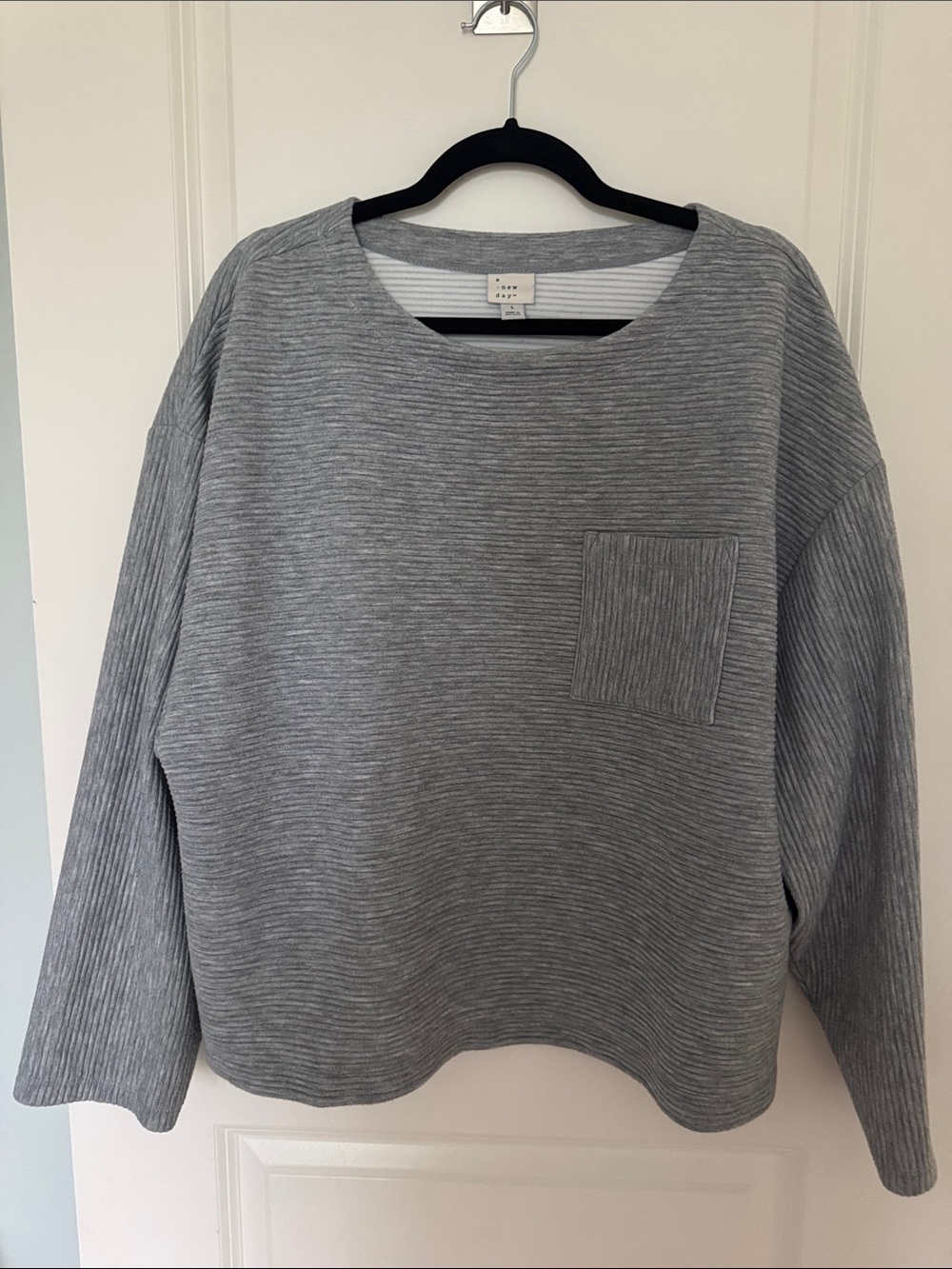 a new day Gray Ribbed Crewneck Sweater with Chest Patch Pocket